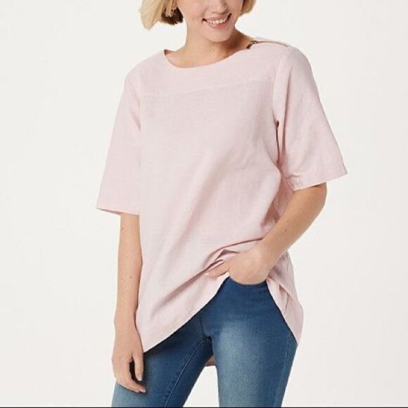 Martha Stewart Linen Blend Elbow-Sleeve Blouse - Picture 1 of 5